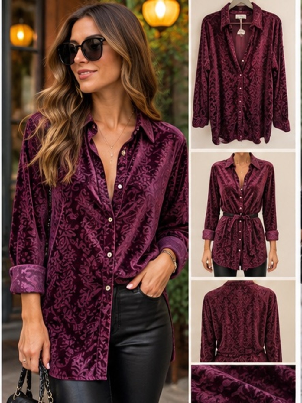 VICI Women’s Velvet Button-Down Shirt - Plum Floral Burnout